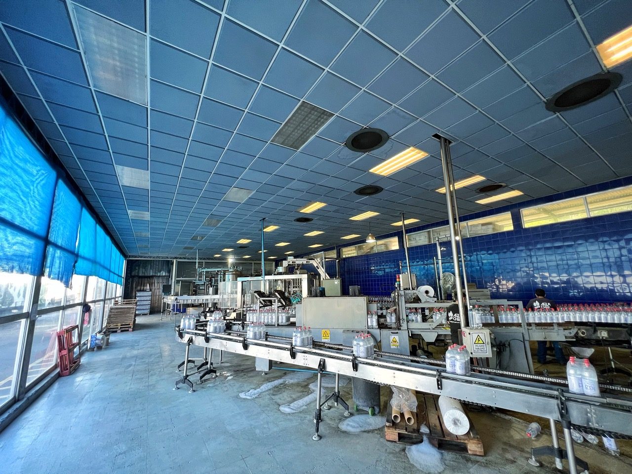 Nave industrial con la línea de envasado en operación